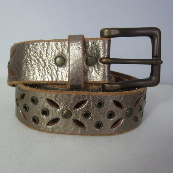 New Fossil Women L Metallic Bronze Gold Leather Studded Pierced Floral Brass - Picture 1 of 10